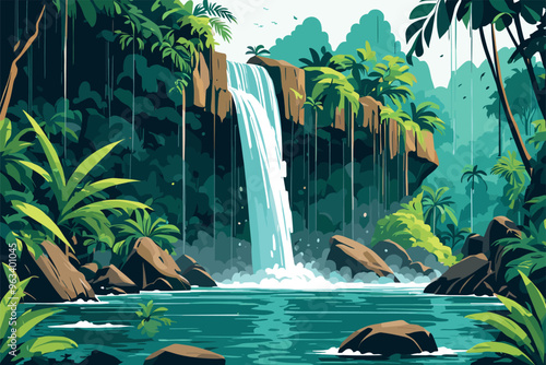 Tropical Waterfall Cascading into a Serene Jungle Pool
