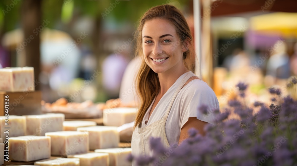 A woman sells handmade soap. ai generated art image