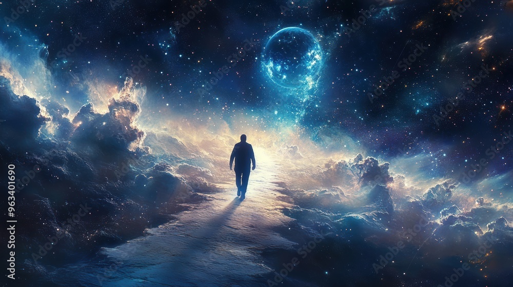 Journey Through the Cosmic Realm: Person Walking on Star Path Surrounded by Earth and Galaxies Journey Through the Cosmic Realm: Person Walking on Star Path Surrounded by Earth and Galaxies