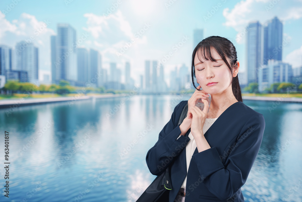 外で暑さに苦しむ営業の女性 外で暑さに苦しむ営業の女性