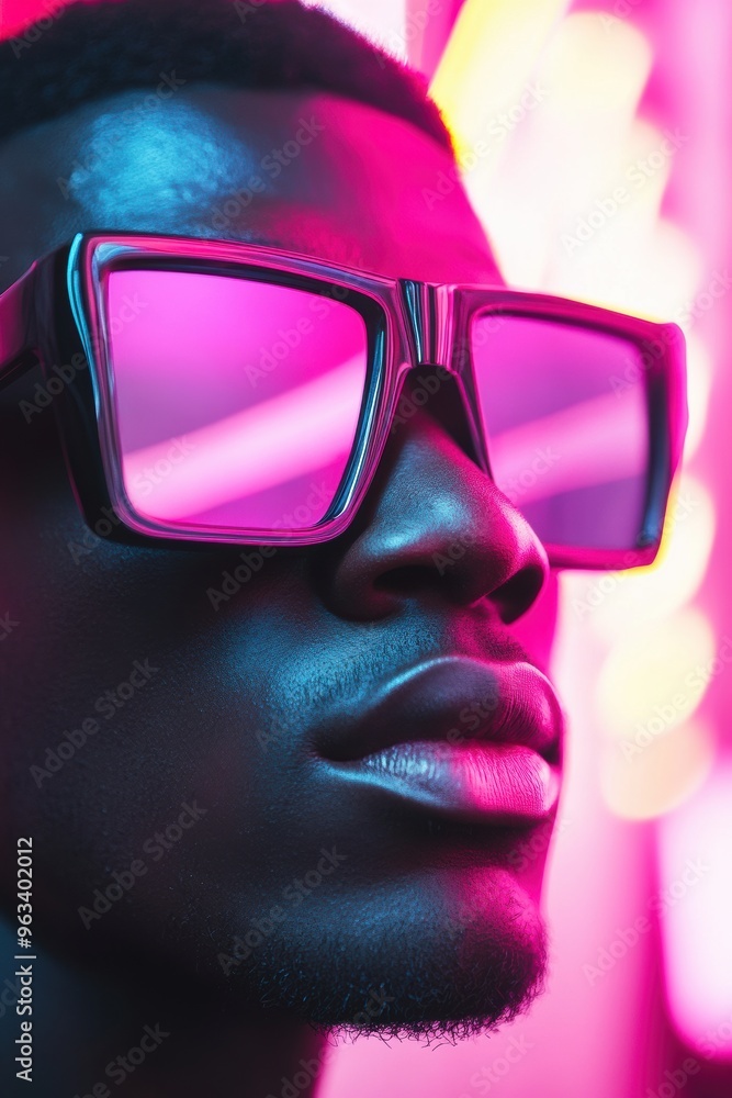 Stylish Portrait with Neon Lights and Sunglasses Stylish Portrait with Neon Lights and Sunglasses
