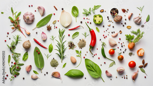 Fototapeta Naklejka Na Ścianę i Meble -  top view of herbs and spices isolated