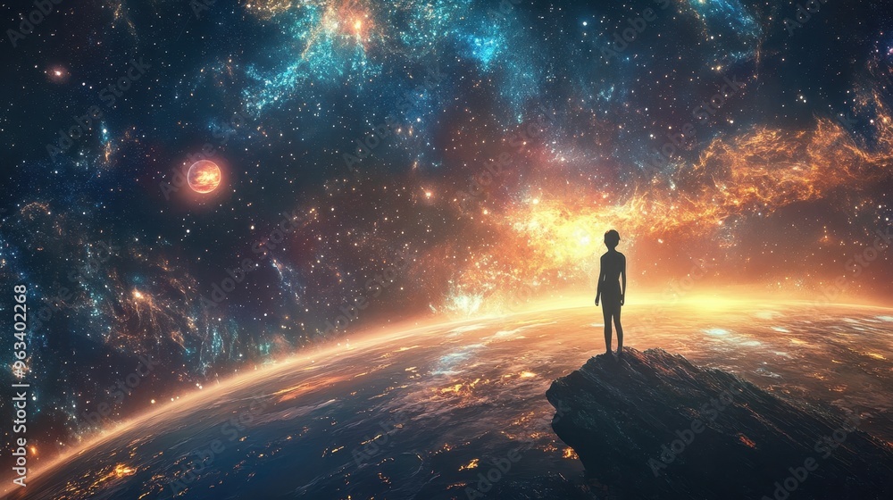 Fototapeta premium Celestial Dreamer - Exploring the Cosmos Amidst Stars and Galaxies with Glowing Earth in the Background