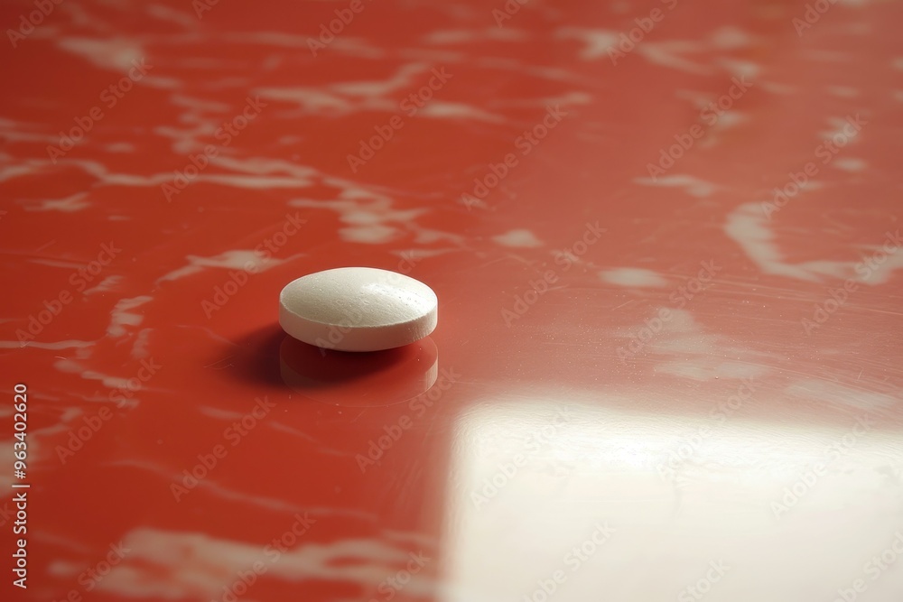 Single white pill is resting on a red surface, reflecting in the shiny finish Single white pill is resting on a red surface, reflecting in the shiny finish
