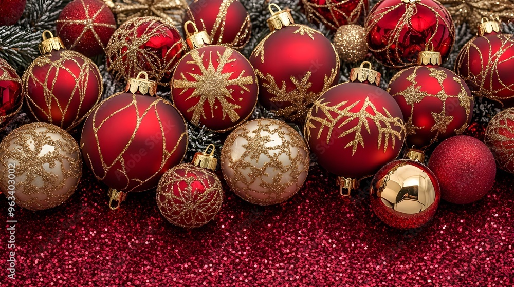 A vibrant collection of red and gold Christmas ornaments, perfect for holiday decorations and festive celebrations. A vibrant collection of red and gold Christmas ornaments, perfect for holiday decorations and festive celebrations.