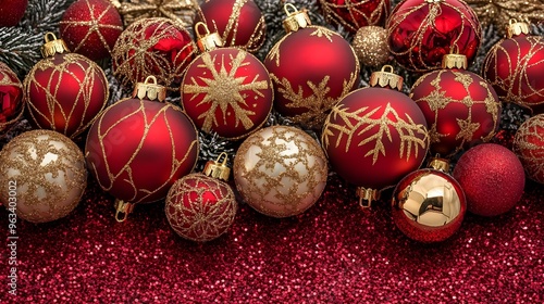 A vibrant collection of red and gold Christmas ornaments, perfect for holiday decorations and festive celebrations.