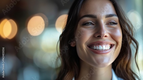 Joyful woman in a professional setting, showcasing career aspirations in a creative environment. Enthusiastic employee expressing happiness at work and achievements photo