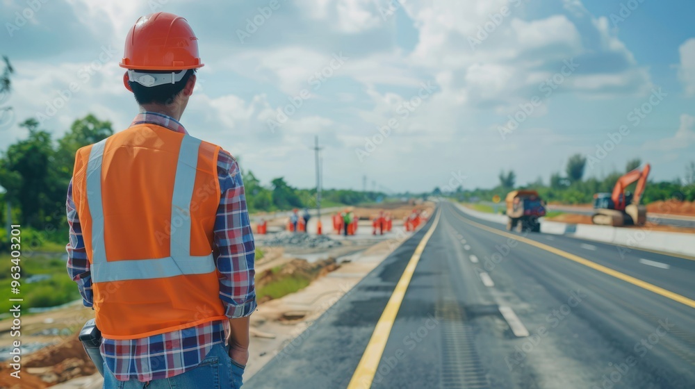 Civil engineer overseeing road construction for safety and quality on an expressway project. Concept Civil Engineering, Road Construction, Safety Inspection, Quality Assurance, Expressway Project Civil engineer overseeing road construction for safety and quality on an expressway project. Concept Civil Engineering, Road Construction, Safety Inspection, Quality Assurance, Expressway Project