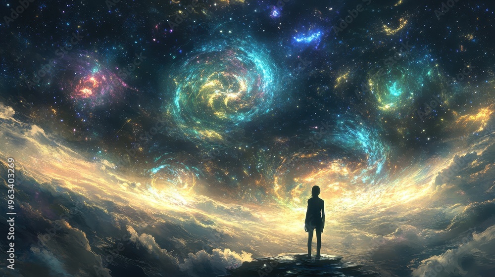 Embracing the Universe - Person in Awe of Cosmic Mysteries Surrounded by Stars and Galaxies Embracing the Universe - Person in Awe of Cosmic Mysteries Surrounded by Stars and Galaxies
