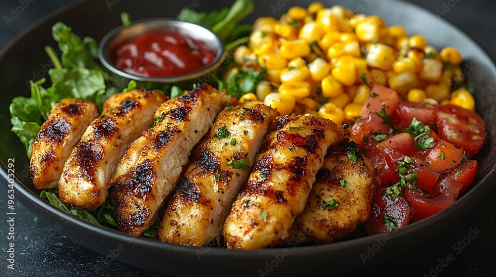 Grilled chicken, corn, salsa, and lettuce on a black plate. Grilled chicken, corn, salsa, and lettuce on a black plate.