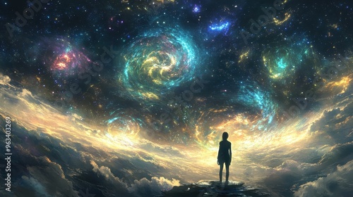 Embracing the Universe - Person in Awe of Cosmic Mysteries Surrounded by Stars and Galaxies