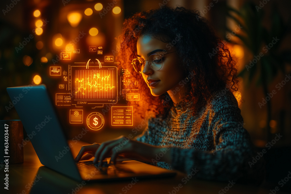 Une femme souriante travaille sur l' IA sur son ordinateur portable dans un bistro chic. Entrain de coder sur l'intelligence artificiel. Une femme souriante travaille sur l' IA sur son ordinateur portable dans un bistro chic. Entrain de coder sur l'intelligence artificiel.