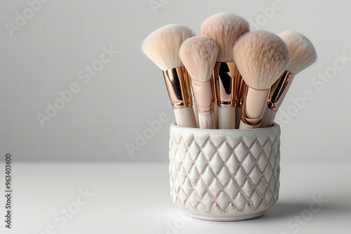 Set of makeup brushes with holder, white background, beauty tools photo