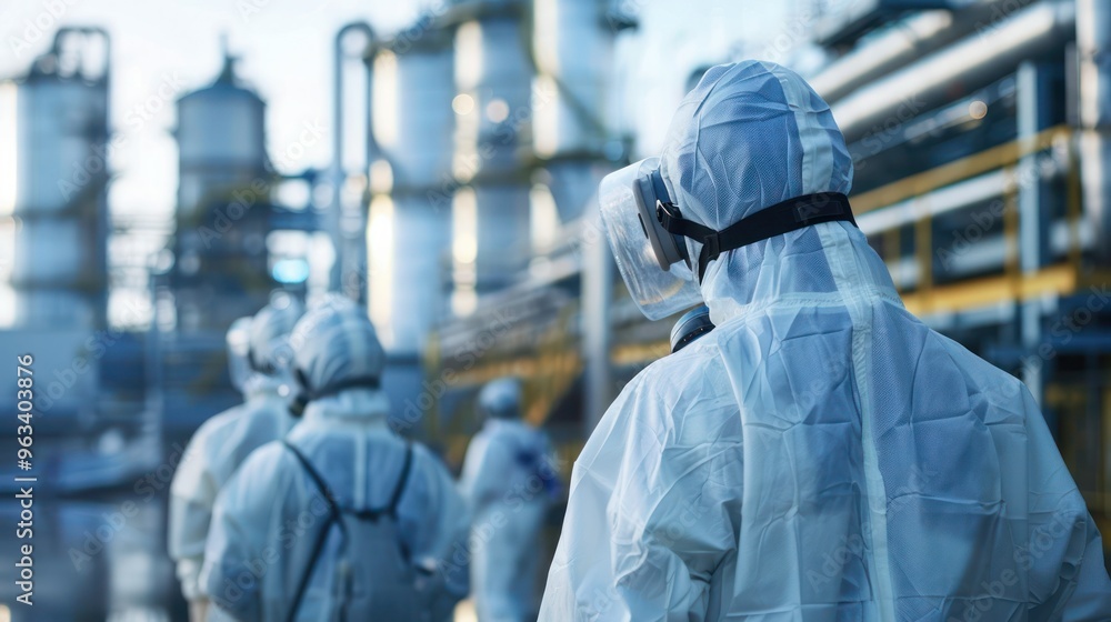 Workers in protective suits at a chemical plant . Concept Chemical Plant, Protective Suits, Workers, Safety Measures, Industry Environment Workers in protective suits at a chemical plant . Concept Chemical Plant, Protective Suits, Workers, Safety Measures, Industry Environment