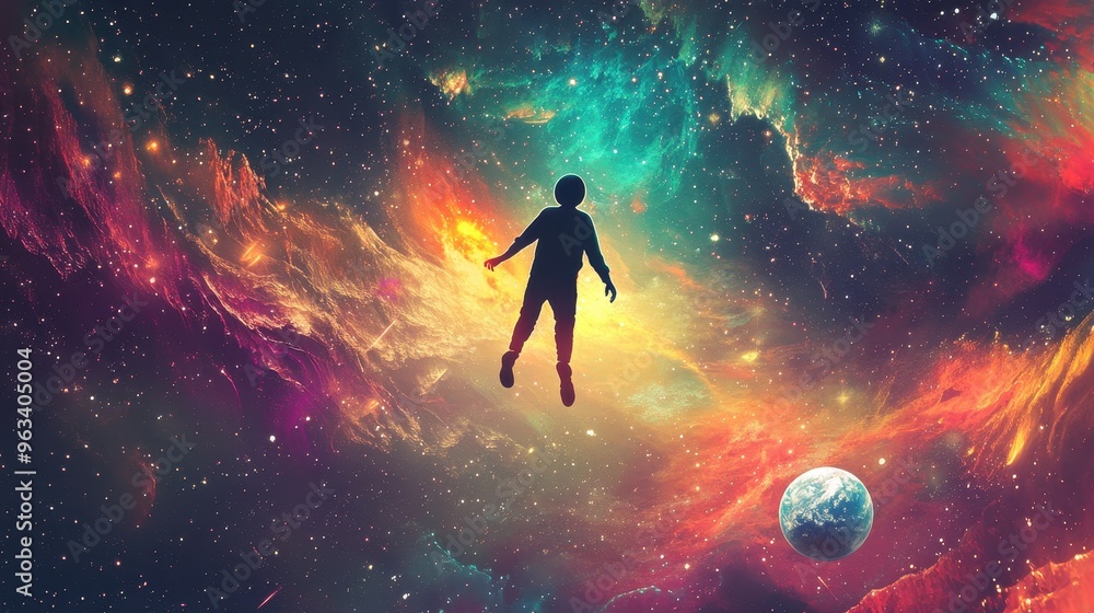 Naklejka premium Astral Serenity - Person Floating in Cosmic Space with Earth, Stars, and Abstract Energies