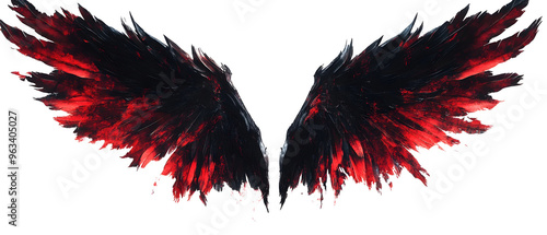 Dramatic Demonic Wings in Striking Red and Black Spread Against White Backdrop photo