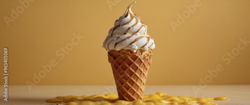 Ice cream in waffles cone on yellow background. photo