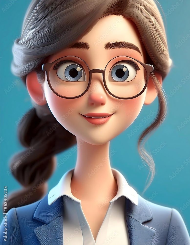3D Render Vibrant Cartoon Female Accountant with Glasses on Bright Blue Background 3D Render Vibrant Cartoon Female Accountant with Glasses on Bright Blue Background