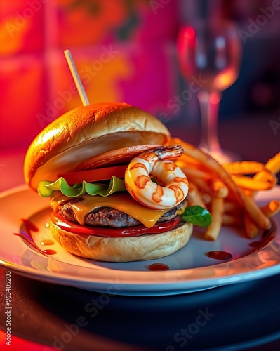 there is a hamburger with shrimp and lettuce on a plate. photo