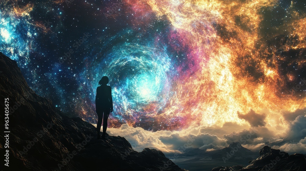 Exploring the Cosmic Marvels: Silhouetted Figure in Front of Glowing Earth and Swirling Galaxy Stars Exploring the Cosmic Marvels: Silhouetted Figure in Front of Glowing Earth and Swirling Galaxy Stars