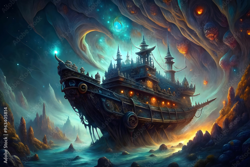 Obraz premium In the depths of horror black space, a fantastical ship appears, its hull adorned with intricate designs and its masts reaching towards the stars.