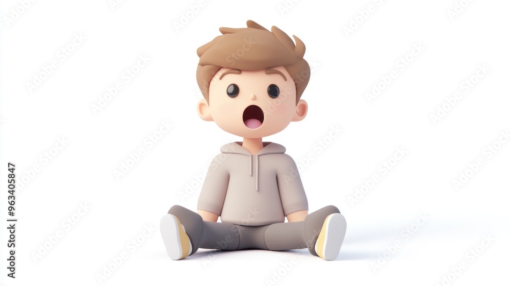 A 3D animated boy sitting with an surprised expression, wearing casual clothes.