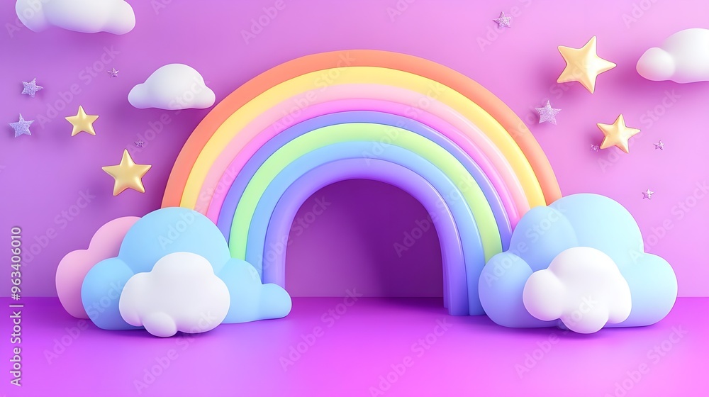 A vibrant, whimsical rainbow arching over fluffy clouds and stars against a playful purple background, perfect for cheerful designs. A vibrant, whimsical rainbow arching over fluffy clouds and stars against a playful purple background, perfect for cheerful designs.