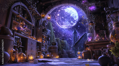 Enchanting magical scene with glowing potions, mystical moonlight, and an eerie castle in the background, evoking a sense of fantasy and mystery.