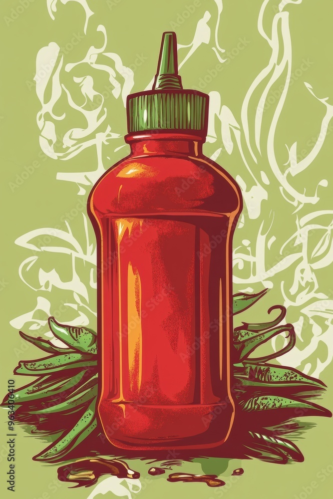 Stylized Hot Sauce Bottle with Green Background Stylized Hot Sauce Bottle with Green Background