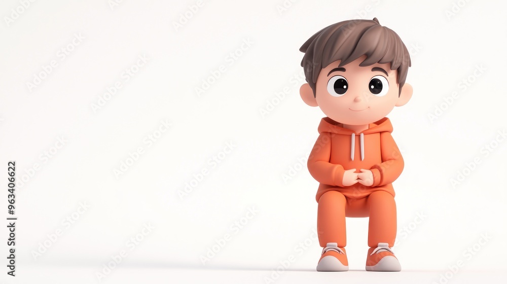 A 3D cartoon boy in an orange outfit sitting on a chair, exuding a friendly vibe. A 3D cartoon boy in an orange outfit sitting on a chair, exuding a friendly vibe.