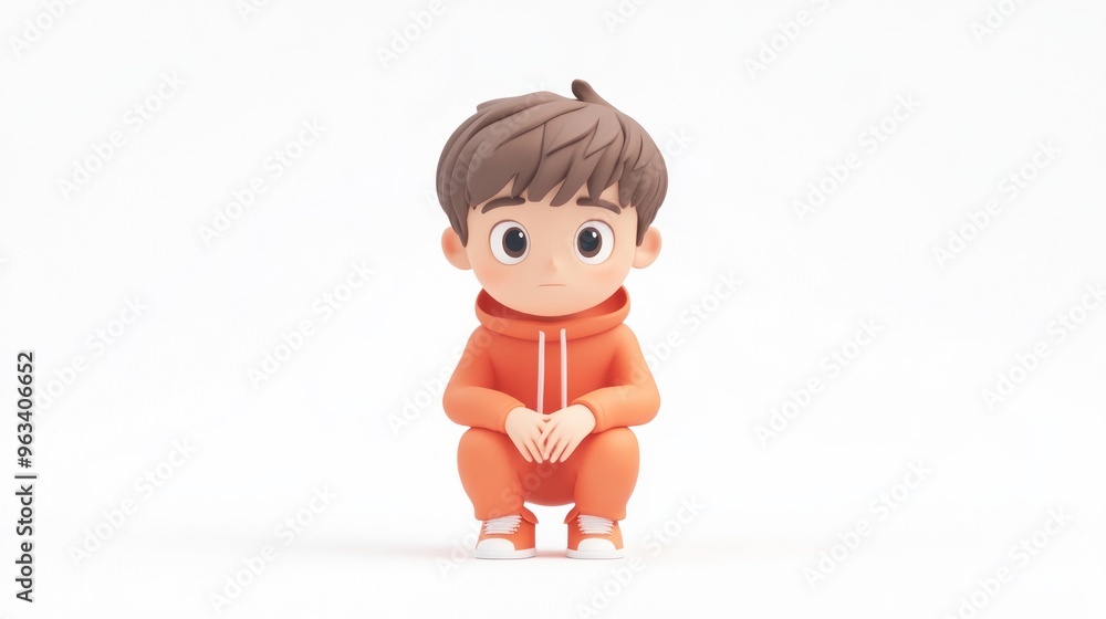 A 3D cartoon boy in an orange outfit squatting, expressing curiosity or contemplation. A 3D cartoon boy in an orange outfit squatting, expressing curiosity or contemplation.