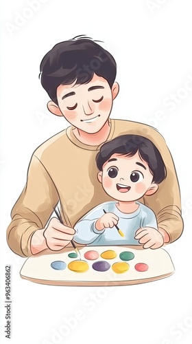 Father and Baby Enjoy a Joyful Finger Painting Activity at Home During Creative Exploration Time
