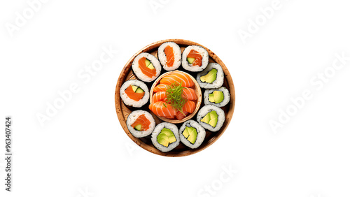 A platter of sushi rolls with fresh fish, avocado, and cucumber on a transparent background 
