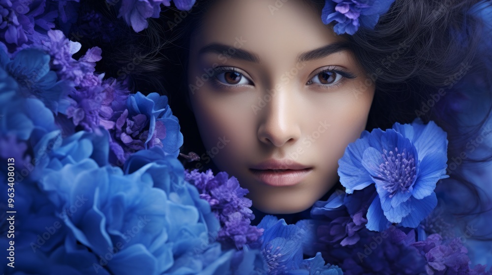 Pretty woman with bright makeup. Beautiful white girl with purple flowers. Neural network ai generated art Pretty woman with bright makeup. Beautiful white girl with purple flowers. Neural network ai generated art