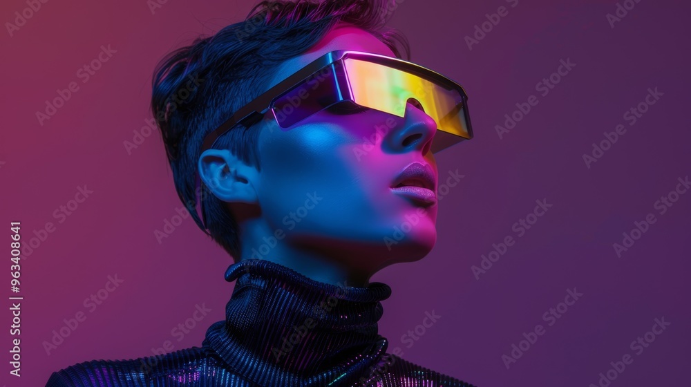 Person wearing augmented reality glasses for advanced gaming and technology. Futuristic setting with digital headset for an immersive cyber world experience Person wearing augmented reality glasses for advanced gaming and technology. Futuristic setting with digital headset for an immersive cyber world experience