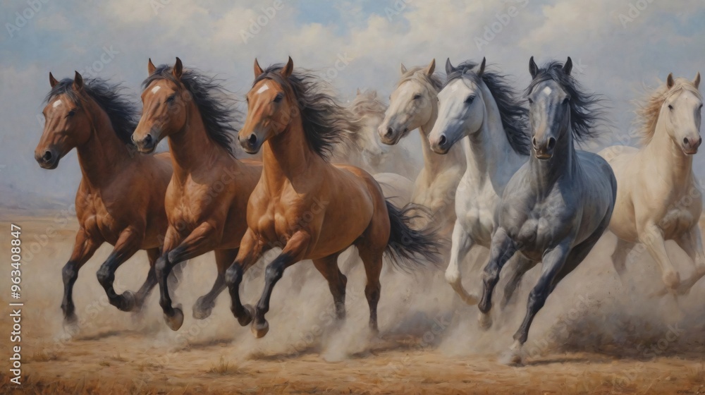 Obraz premium A seven-horse wall painting design, seven-horse image.
