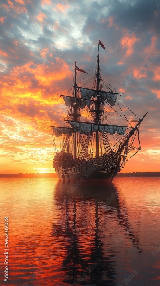 Obraz premium retro sailship at sunset