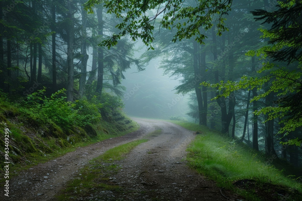 Fototapeta premium Gravel road leading through a mystic forest covered in fog during a cloudy day