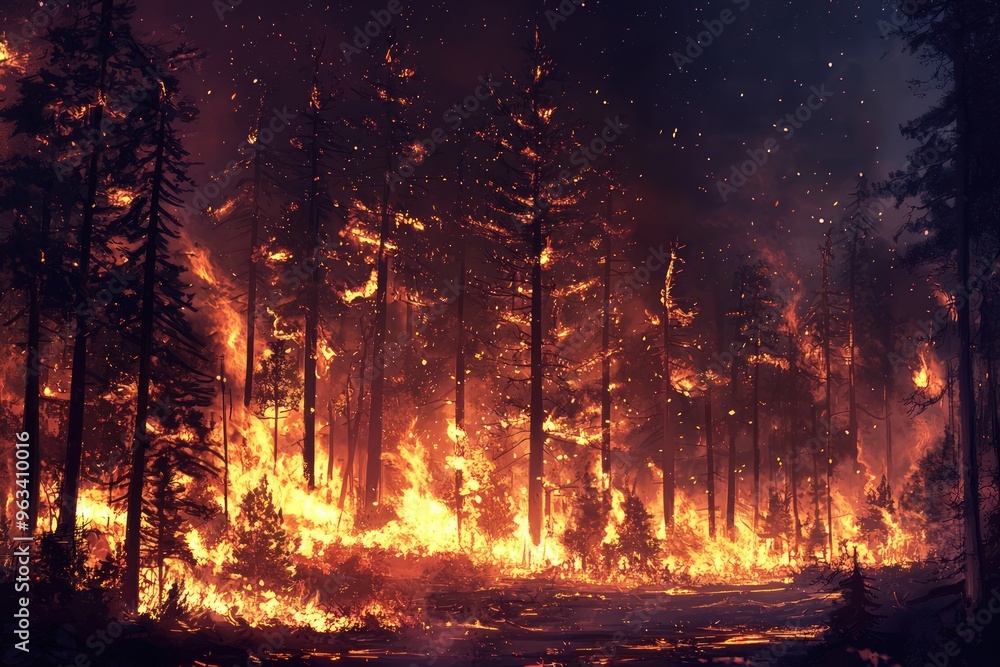 A dramatic depiction of a dense forest consumed by wildfire at night, the flames casting a fierce glow. A dramatic depiction of a dense forest consumed by wildfire at night, the flames casting a fierce glow.