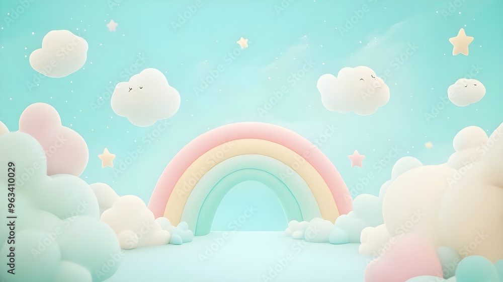 A whimsical scene featuring a pastel rainbow set against a soft blue sky filled with fluffy clouds and stars. A whimsical scene featuring a pastel rainbow set against a soft blue sky filled with fluffy clouds and stars.
