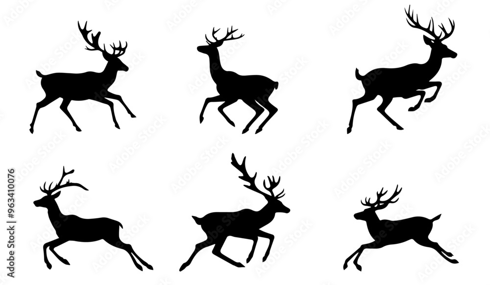 Large set of silhouettes of jumping deer on a transparent background