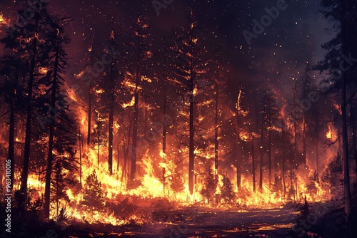 A dramatic depiction of a dense forest consumed by wildfire at night, the flames casting a fierce glow.