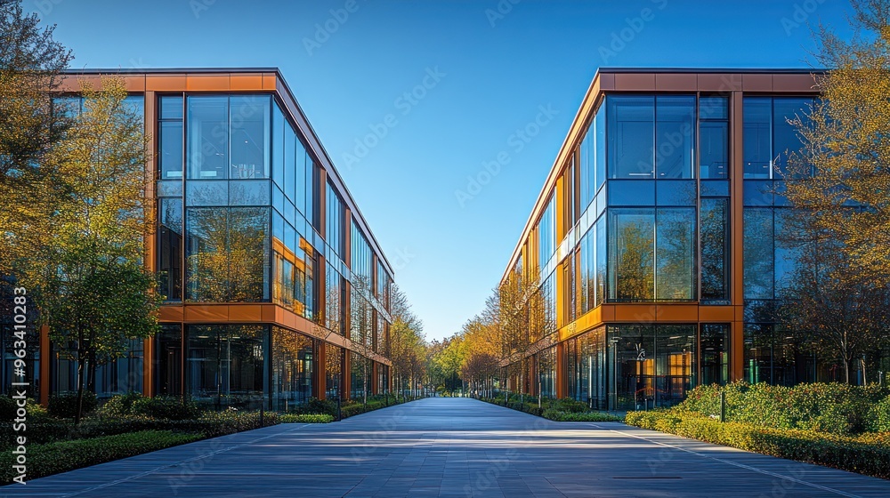 Modern office buildings flanking a tree-lined pathway. Modern office buildings flanking a tree-lined pathway.