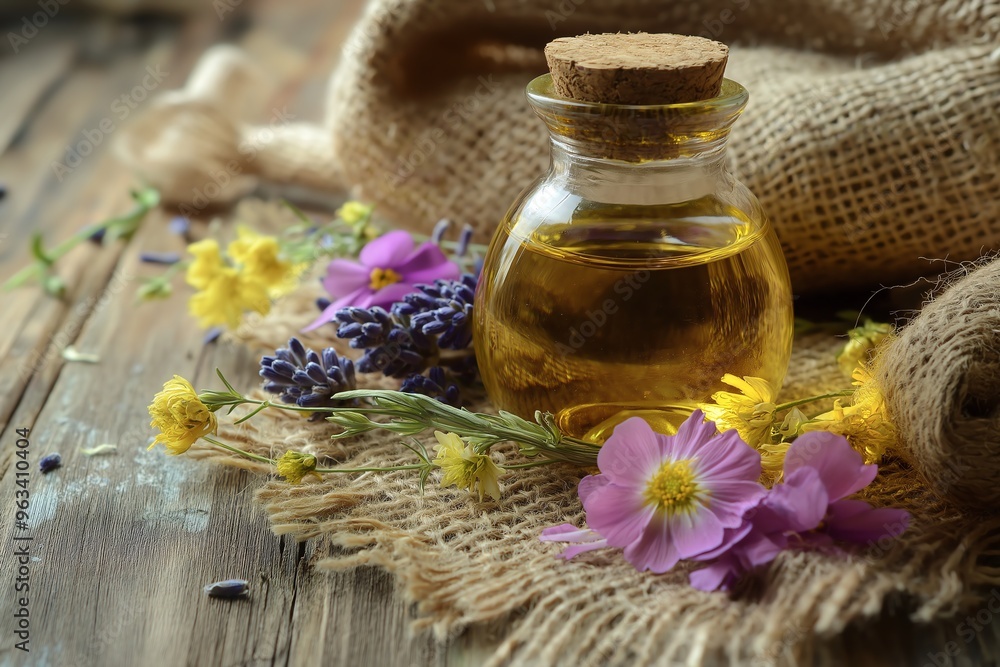 A glass bottle of essential oil with a cork stopper, surrounded by wildflowers on a rustic wooden table. A glass bottle of essential oil with a cork stopper, surrounded by wildflowers on a rustic wooden table.