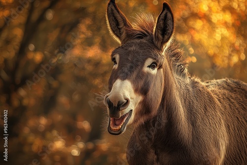 A donkey with its mouth open, set against a soft, autumnal background, capturing a moment of expression in a rustic setting.