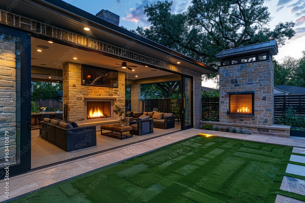 Outdoor fireplace on a patio with warm light, chairs, and large oak tree in an upper middle-class home in Plano, Texas at night. Outdoor fireplace on a patio with warm light, chairs, and large oak tree in an upper middle-class home in Plano, Texas at night.