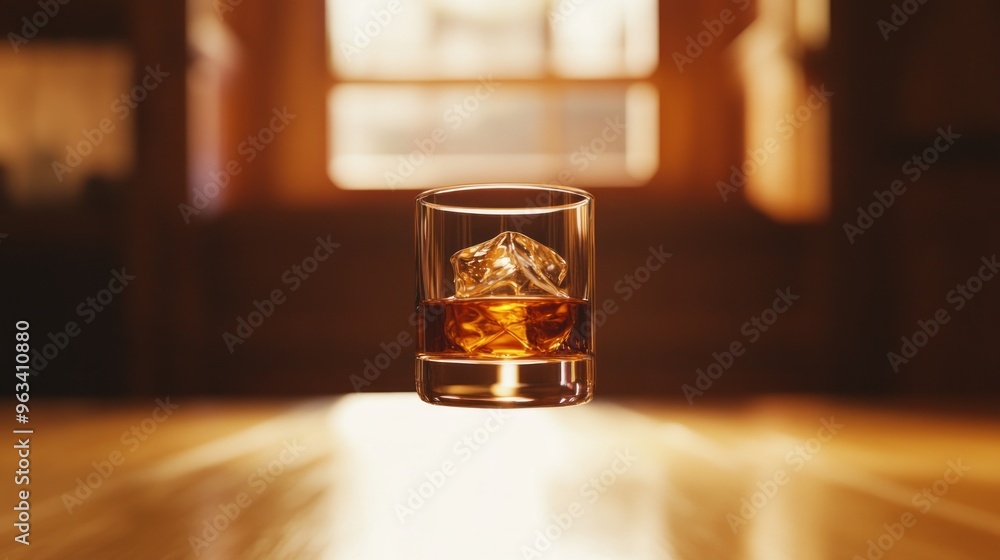Glass of Whiskey with Ice Cube Floating in the Air Glass of Whiskey with Ice Cube Floating in the Air