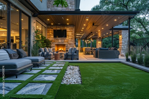 Outdoor fireplace on a patio with warm light, chairs, and large oak tree in an upper middle-class home in Plano, Texas at night. photo