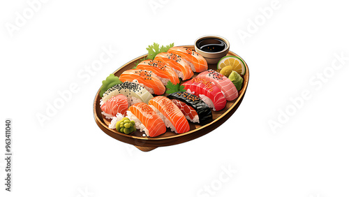 A tray of sushi nigiri with fresh fish and wasabi transparent background 