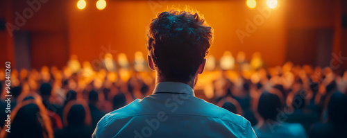 Public Speaker Facing Large Audience on Stage Photo
